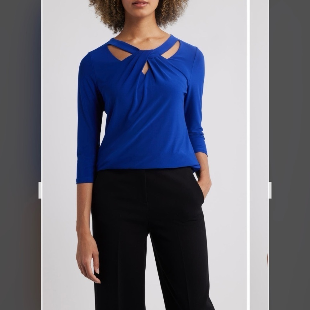 Kasper Three Quarter Sleeve Twist Neck Top in Navy Size SP - Picture 3 of 10